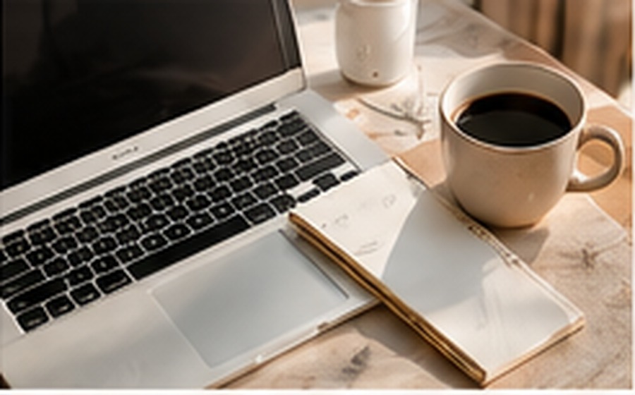 Elegant laptop and coffee workspace